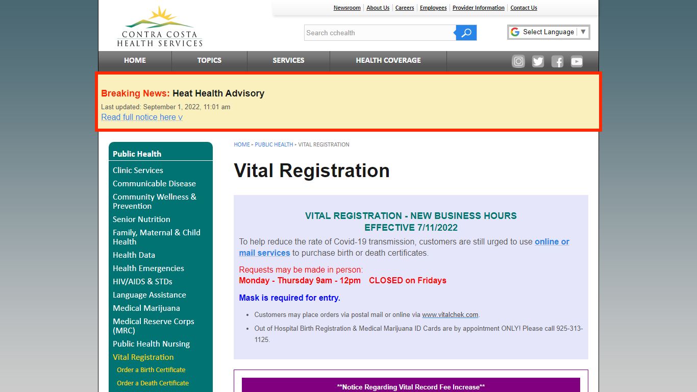 Vital Registration :: Public Health :: Contra Costa Health Services