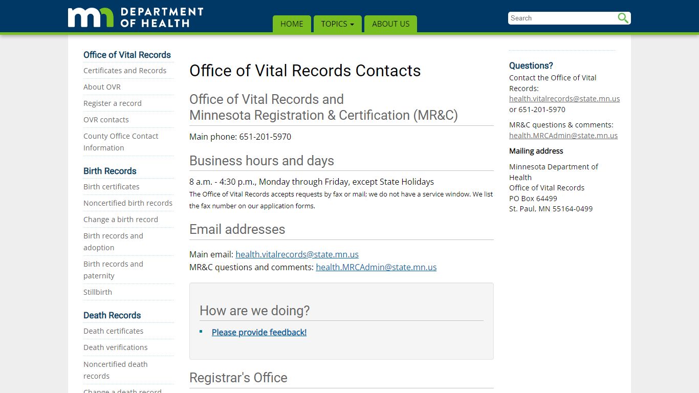 Office of Vital Records Contacts - Minnesota Dept. of Health